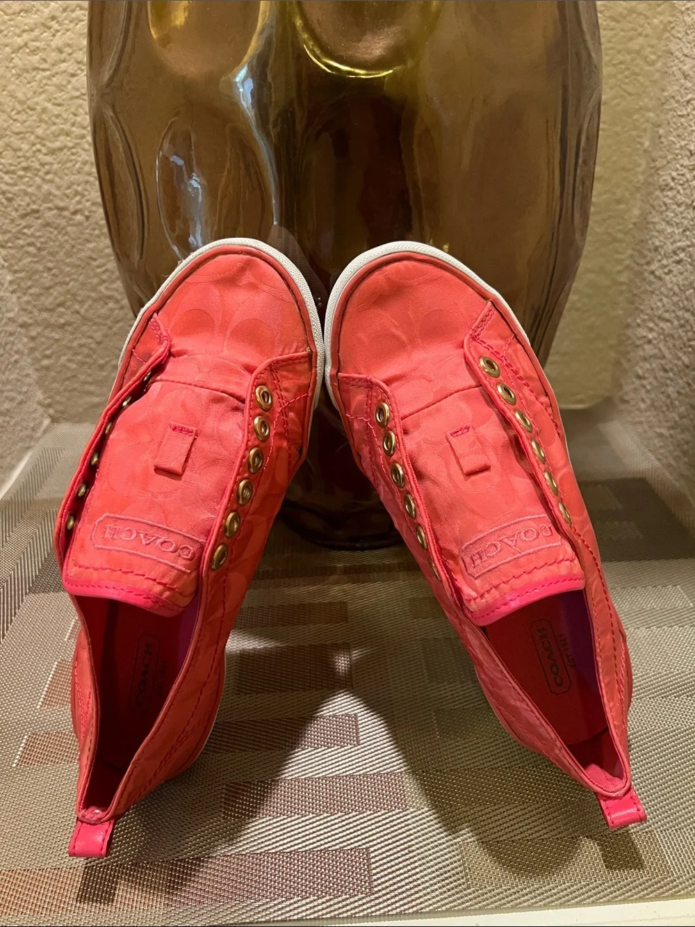 Coach Coral Pink Signature Canvas Slip-On Sneakers